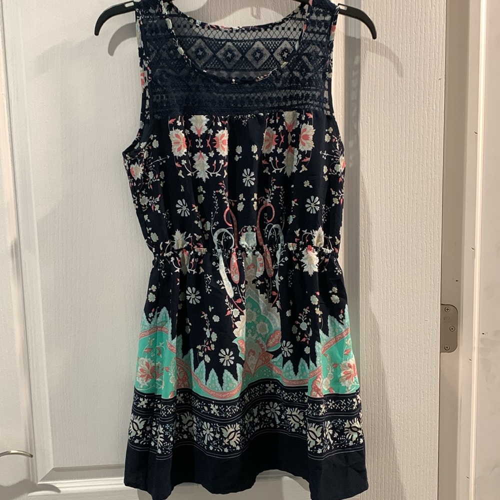 EUC Sweet Journey Blue and Pink Floral Print Lace Neckline Dress